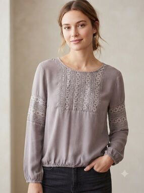 Solitaire Taupe Lace-Panel Long Sleeve Blouse
